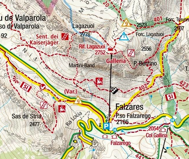 cestování itálie - dolomity - válečné muzeum Lagazuoi - Hora Laguzoi - mapa